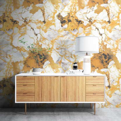 Removable Wallpaper, Yellow and Orange Marble - Peel & Stick, Reusable, Self Adhesive, 26" Panels, Easy Install, Seamless